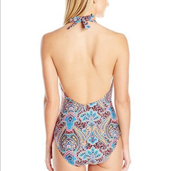 Jantzen Vibrant Paisley Halter Plunge Swimsuit - Picture 2 of 3